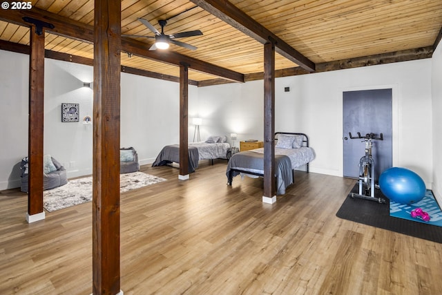 bedroom featuring light wood-style floors, wood ceiling, baseboards, and beam ceiling