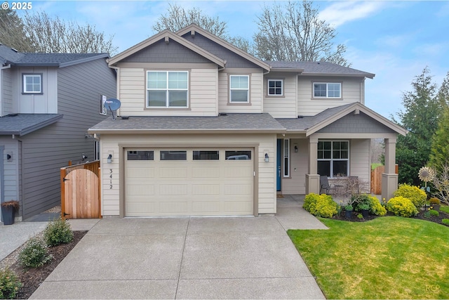 craftsman house with a front lawn, driveway, a gate, roof with shingles, and a garage