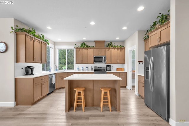 kitchen with tasteful backsplash, a kitchen island, a healthy amount of sunlight, and stainless steel appliances