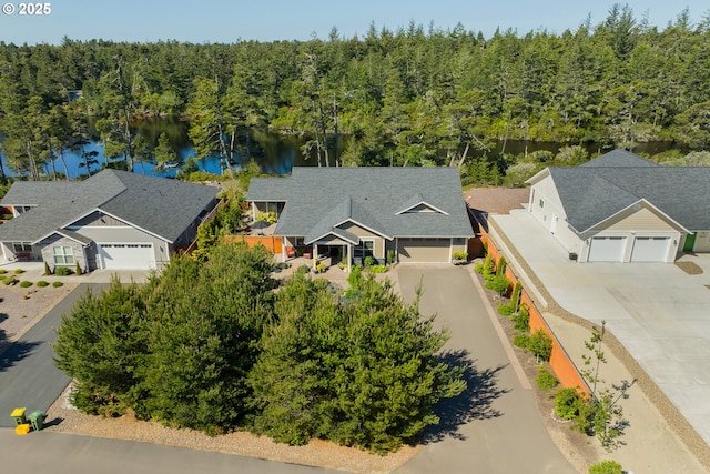 aerial view with a water view and a view of trees
