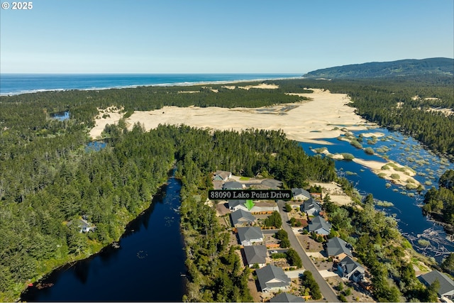 aerial overview of property's location with a large body of water and a forest