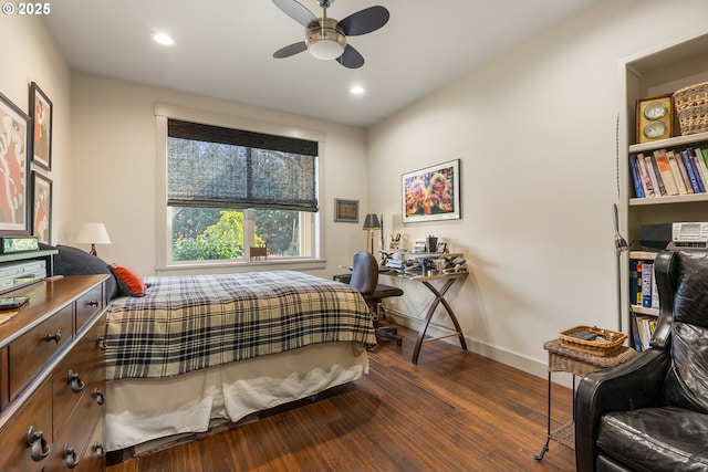 bedroom featuring baseboards, ceiling fan, recessed lighting, and dark wood-style floors