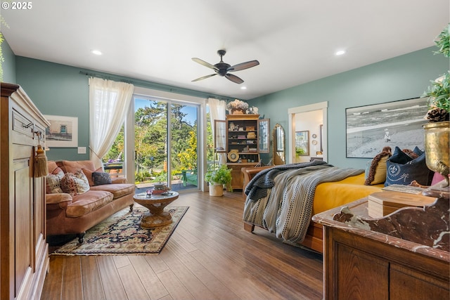 bedroom featuring ceiling fan, wood-type flooring, and recessed lighting