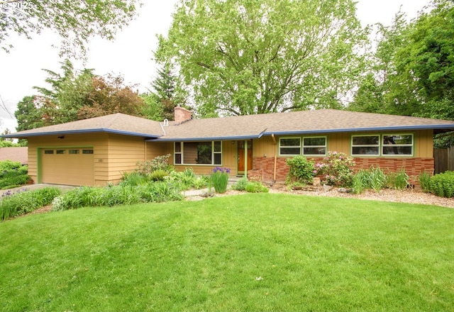 single story home with a front yard, an attached garage, a chimney, concrete driveway, and roof with shingles