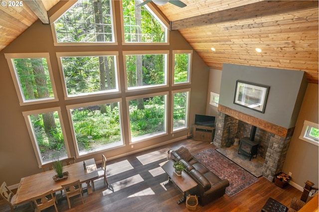 25815 NE Lucia Falls Rd, Yacolt, WA 98675 - living area featuring a wood stove, wood ceiling, wood finished floors, and ceiling fan