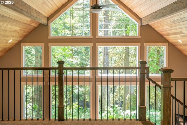 25815 NE Lucia Falls Rd, Yacolt, WA 98675 - detailed view of a wooden ceiling with exposed beams and ceiling fan