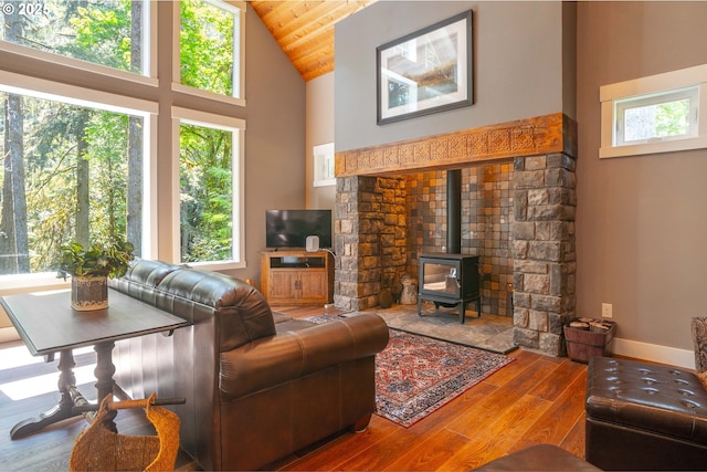 25815 NE Lucia Falls Rd, Yacolt, WA 98675 - living room featuring wood finished floors, a wood stove, wooden ceiling, and high vaulted ceiling