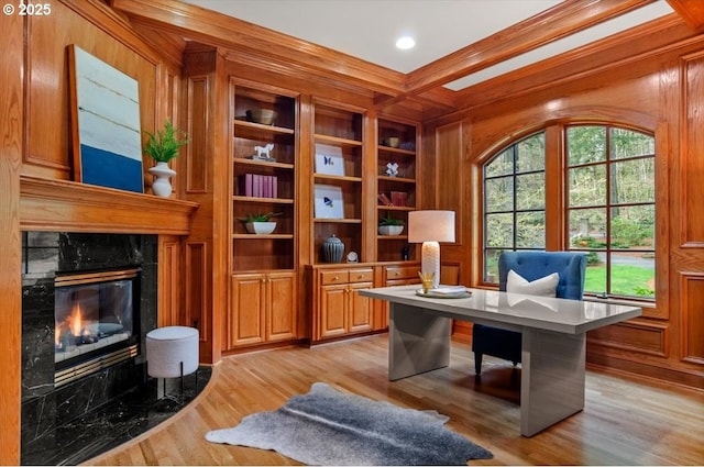 carpeted bedroom featuring a tray ceiling, crown molding, and recessed lighting