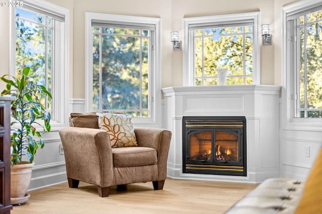 sitting room with light wood-style flooring, a glass covered fireplace, and a wealth of natural light