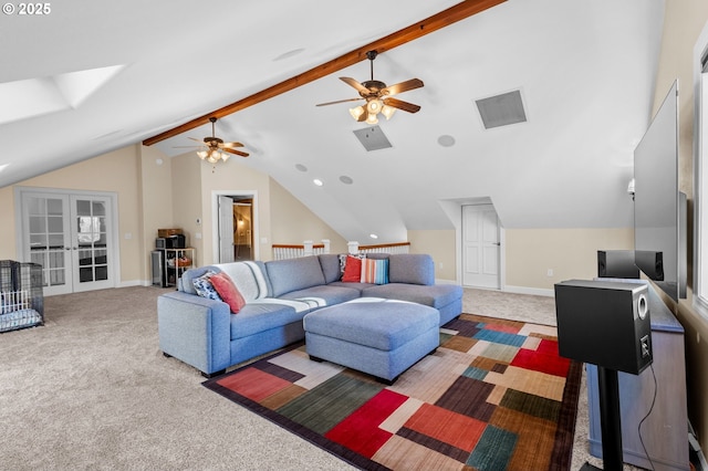 living area featuring carpet floors, baseboards, visible vents, and french doors