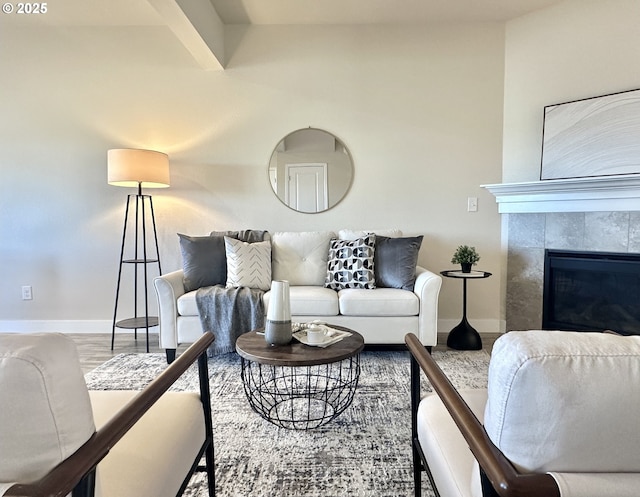 living area featuring a fireplace, baseboards, and wood finished floors