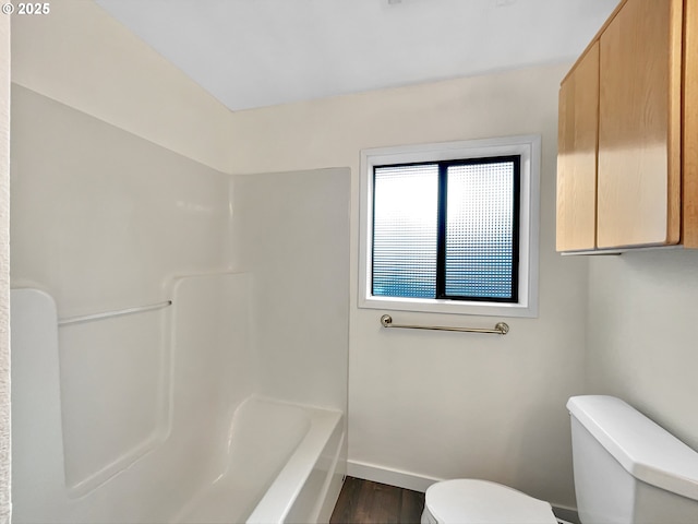 full bath featuring toilet, baseboards, and wood finished floors