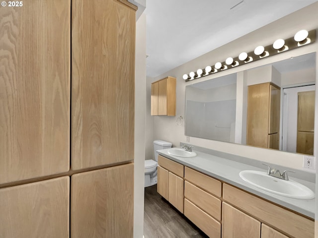 full bathroom featuring wood finished floors, a sink, toilet, and double vanity