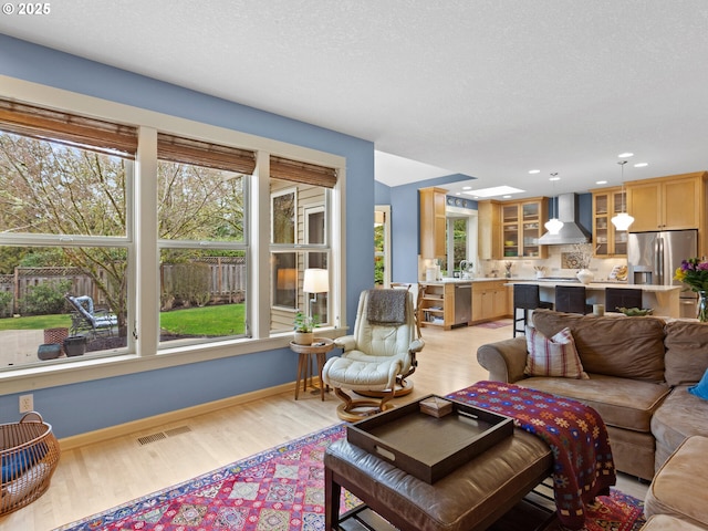 living area featuring baseboards, a textured ceiling, visible vents, and light wood-style floors