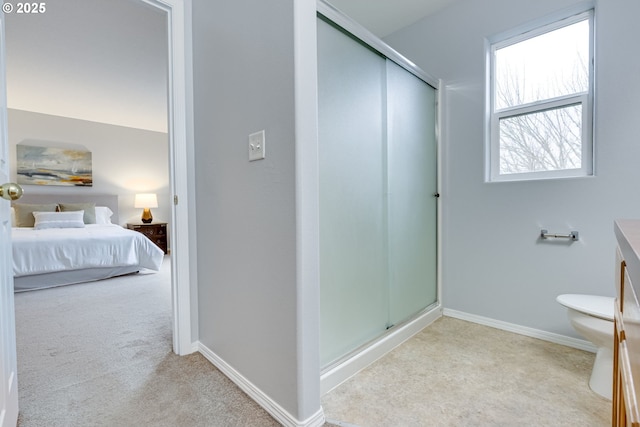 bathroom with vanity, toilet, and a shower with door