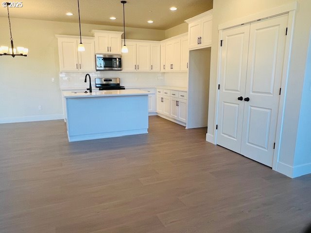 kitchen featuring appliances with stainless steel finishes, dark wood-style flooring, and white cabinets