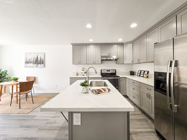 3547 SE 136th Ave, Portland, OR 97236 - kitchen with stainless steel appliances, gray cabinets, under cabinet range hood, a sink, and recessed lighting