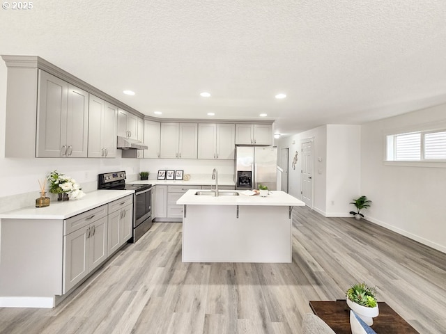 3547 SE 136th Ave, Portland, OR 97236 - kitchen with stainless steel appliances, a sink, gray cabinetry, under cabinet range hood, and baseboards