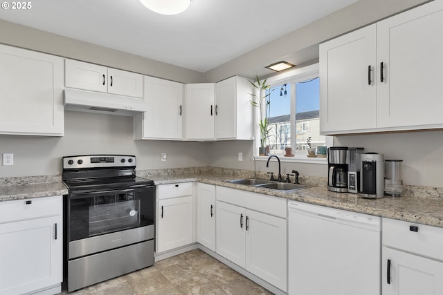 kitchen with sink, stainless steel range with electric stovetop, white dishwasher, light stone counters, and white cabinets