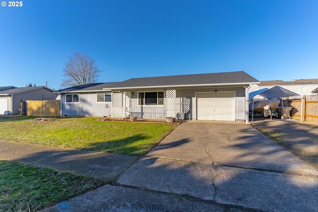 single story home featuring a garage and a front yard