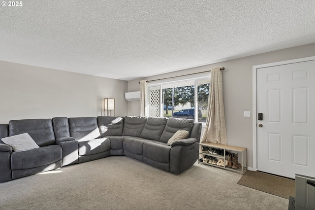 living room with carpet, an AC wall unit, and a textured ceiling