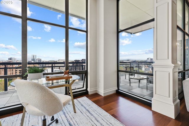 interior space with a city view