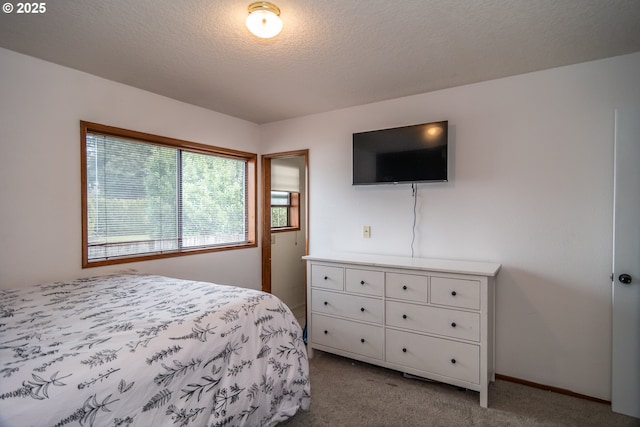 carpeted bedroom with a textured ceiling