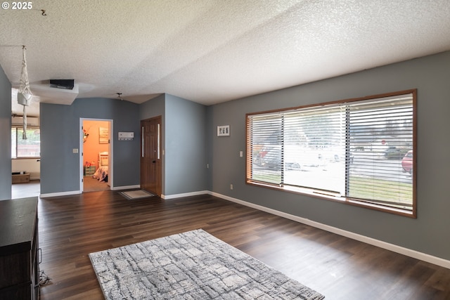 interior space featuring dark hardwood / wood-style flooring and a textured ceiling