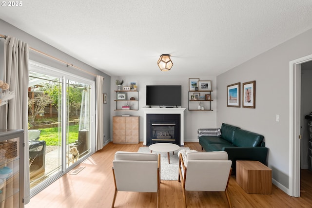 3730 NW 183rd Ave, Portland, OR 97229 - living area with a fireplace with flush hearth, light wood finished floors, and a textured ceiling