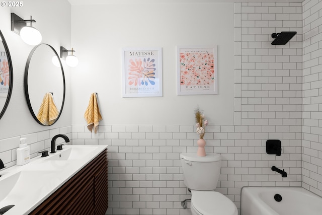 3730 NW 183rd Ave, Portland, OR 97229 - full bathroom featuring tile walls, double vanity, washtub / shower combination, and a wainscoted wall