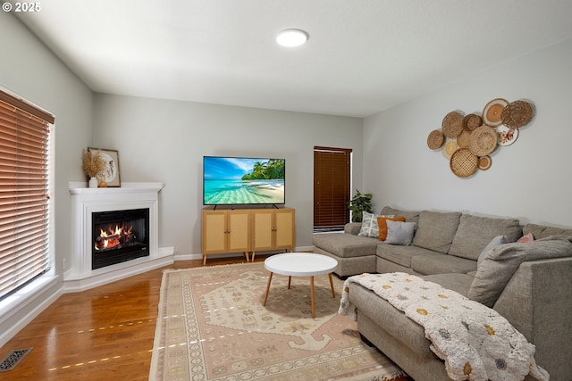 18246 SW Orlov Ct, Beaverton, OR 97078 - living area featuring wood finished floors, a glass covered fireplace, and baseboards