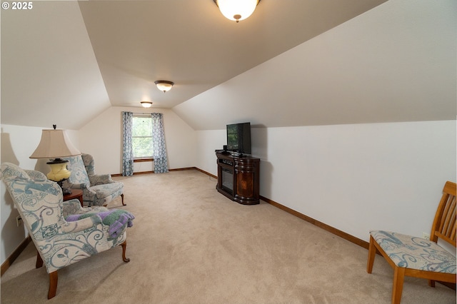 145343 Birchwood Dr, La Pine, OR 97739 - living area featuring carpet, baseboards, and lofted ceiling