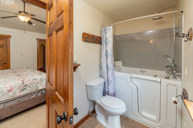 145343 Birchwood Dr, La Pine, OR 97739 - full bath with a ceiling fan, toilet, shower / tub combo with curtain, baseboards, and ensuite bath
