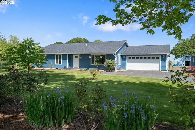 5615 Macleay Rd, Salem, OR 97317 - ranch-style house with an attached garage, a front lawn, a shingled roof, and driveway