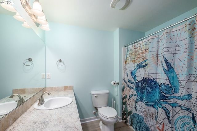 5615 Macleay Rd, Salem, OR 97317 - full bath featuring wood finished floors, toilet, vanity, and a shower with curtain