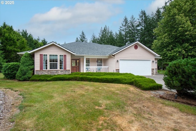 110 Dolph Dr, Ariel, WA 98603 - ranch-style house featuring covered porch, stone siding, an attached garage, a front yard, and driveway