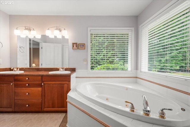 110 Dolph Dr, Ariel, WA 98603 - full bathroom featuring double vanity, a tub with jets, and tile patterned floors