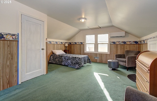 bedroom with a wall unit AC, wooden walls, carpet floors, and lofted ceiling