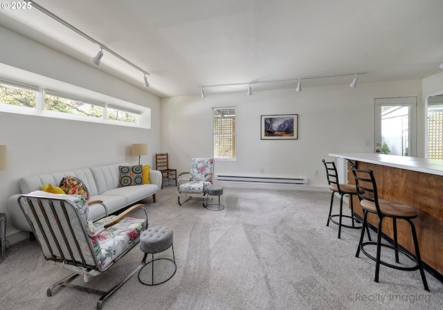 12420 Orchard Hill Rd, Lake Oswego, OR 97035 - carpeted living area featuring rail lighting, a wealth of natural light, and baseboard heating