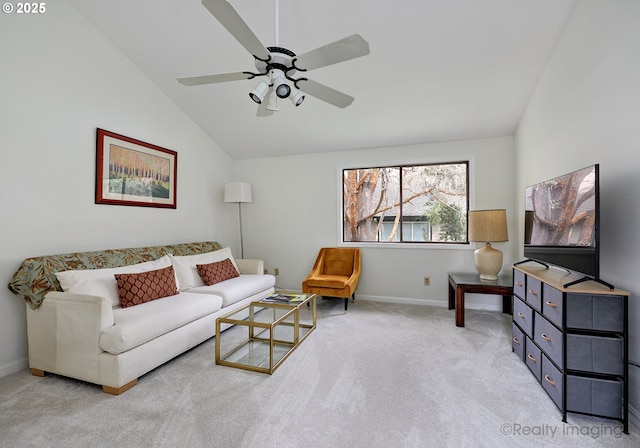 12420 Orchard Hill Rd, Lake Oswego, OR 97035 - carpeted living area with baseboards, ceiling fan, and lofted ceiling