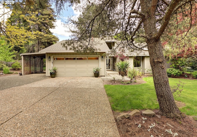 12420 Orchard Hill Rd, Lake Oswego, OR 97035 - mid-century modern home featuring a garage, a shingled roof, driveway, and a front lawn