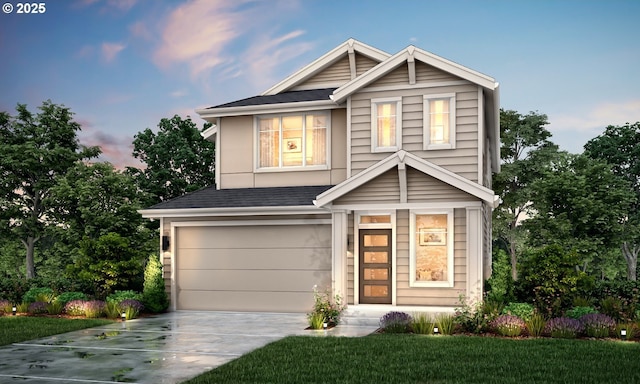 view of front of property featuring a garage, a front lawn, driveway, and a shingled roof