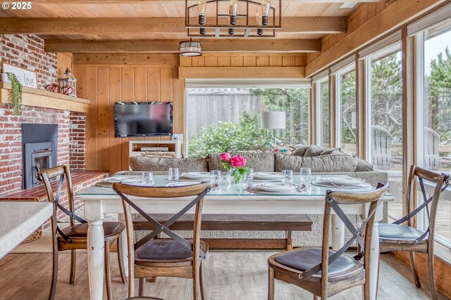 dining room with wood ceiling, a fireplace, wood finished floors, beamed ceiling, and wooden walls