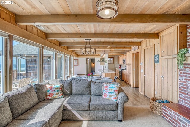 living area with light wood-style flooring, wood ceiling, beam ceiling, and a chandelier