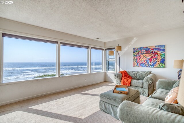 carpeted living area with a textured ceiling, baseboards, and a water view