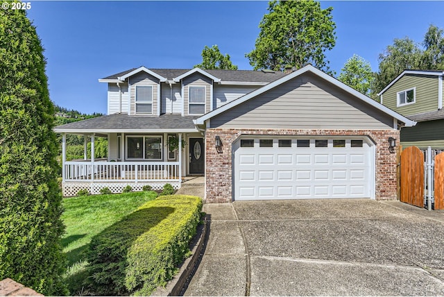 1736 Regency St, West Linn, OR 97068 - traditional home with brick siding, a garage, a porch, driveway, and roof with shingles