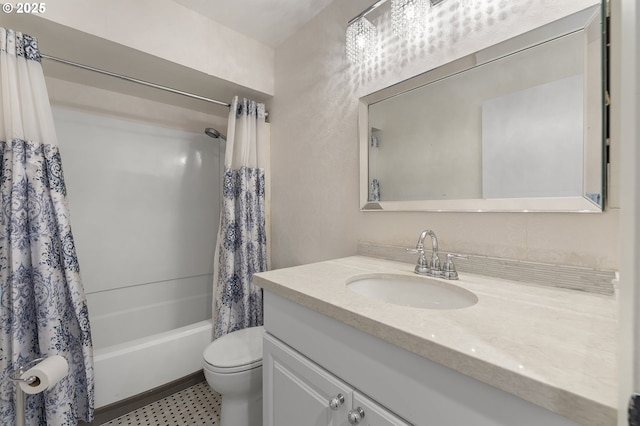 bathroom featuring shower / bath combo with shower curtain, toilet, and vanity