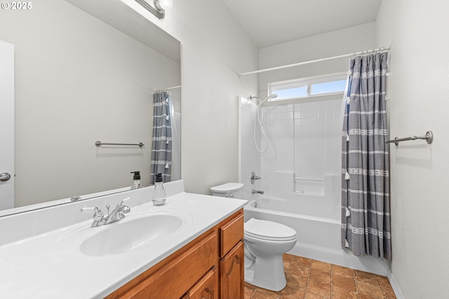 full bathroom with vanity, shower / bath combination with curtain, and toilet