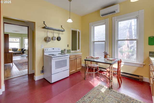 2122 NW Everett St, Portland, OR 97210 - kitchen with white range with electric stovetop, a wall unit AC, baseboards, hanging light fixtures, and a baseboard heating unit
