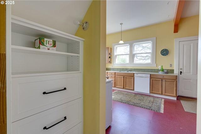 2122 NW Everett St, Portland, OR 97210 - kitchen with dishwasher, decorative light fixtures, light countertops, a sink, and brown cabinetry